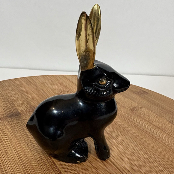 Black Brass Rabbit Hare Bronze Gold Ears MCM 4 3/4" Tall Bunny Retro Vintage - Picture 10 of 12